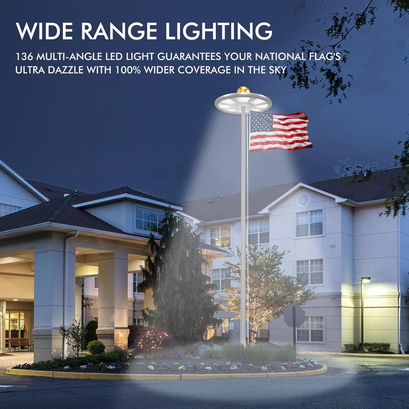 PPQ Premium Ivory Flag Light - Solar Powered, 136 LED, 10000h Lifespan for 15-25 Ft Poles, Waterproof, Auto On/Off Dusk to Dawn - Image 3